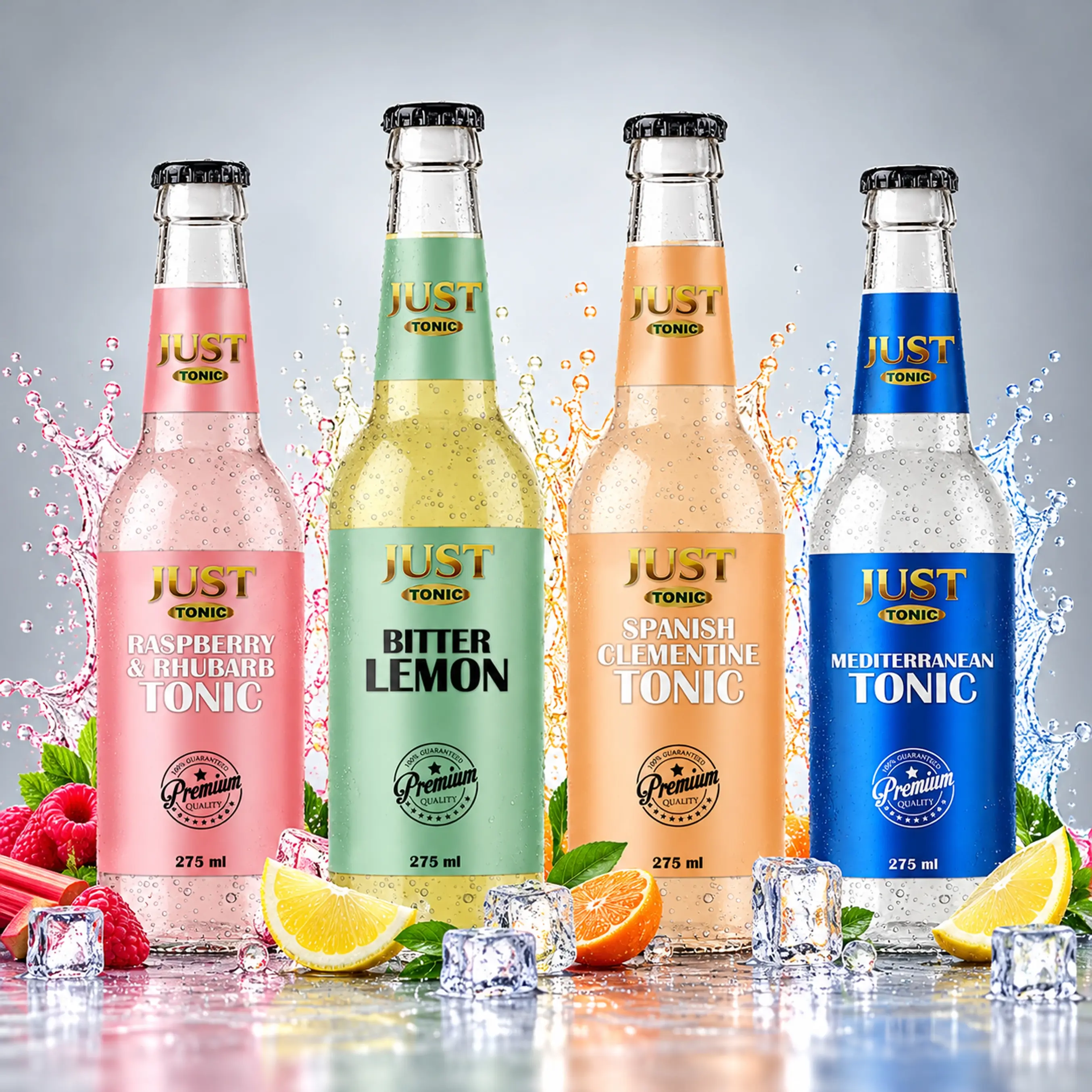 JUST Tonic 275 ml glass bottles featuring Raspberry &amp;amp;amp; Rhubarb, Bitter Lemon, Spanish Clementine, and Mediterranean Tonic flavours.
